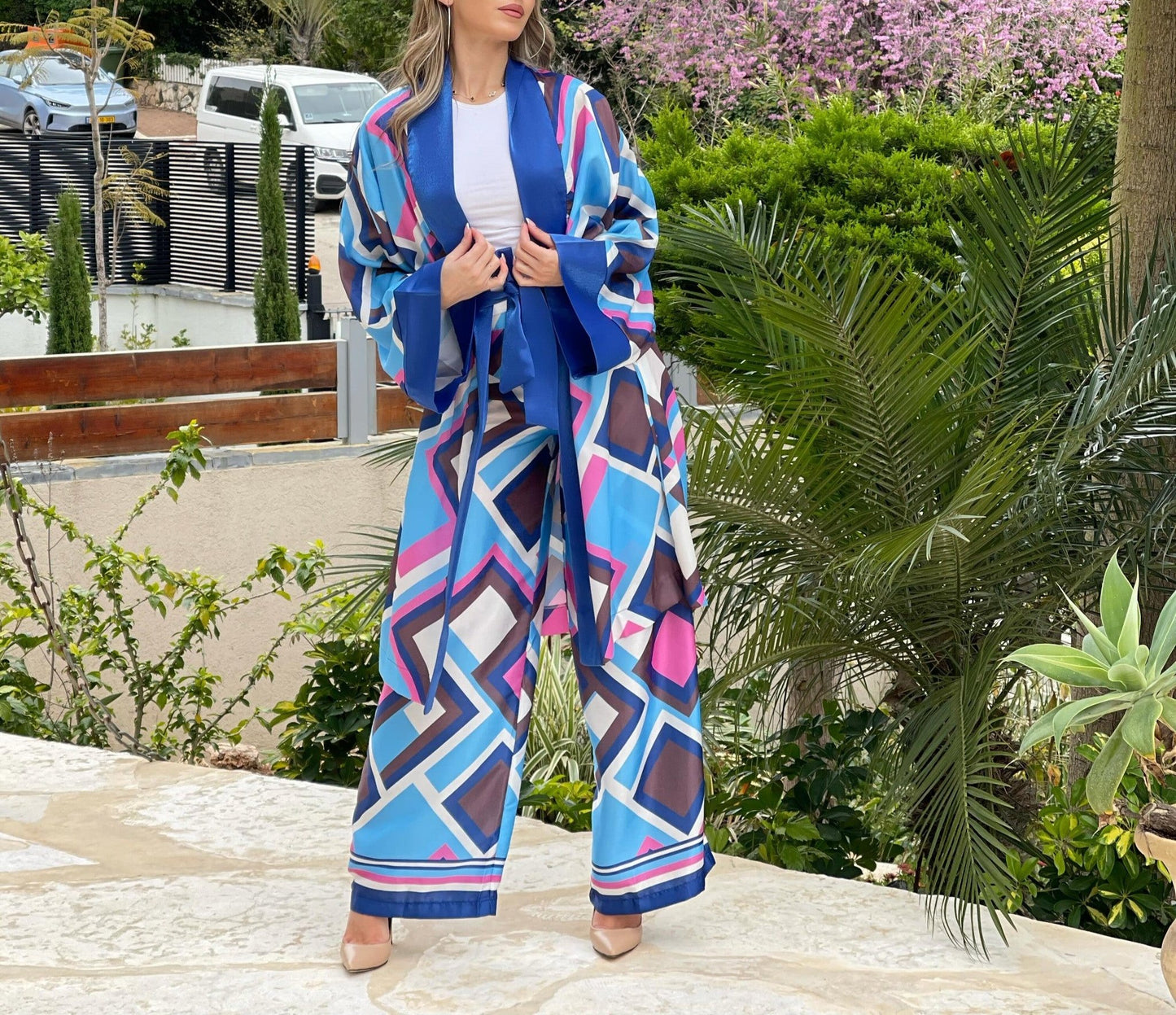 Lucinda Blue Kimono Satin Set