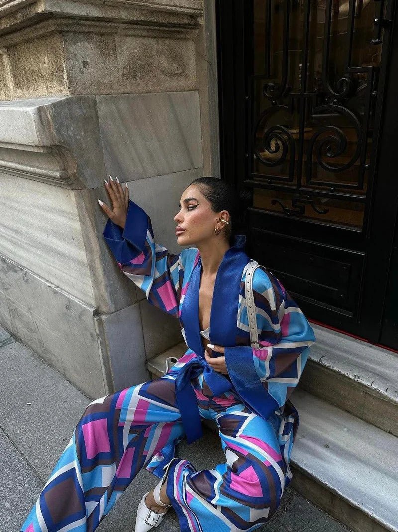 Blue Kimono Satin Set - Pinkfig Boutique