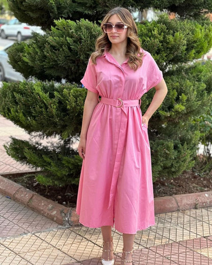 Buttoned Down Midi Dress with Belt - Pinkfig Boutique