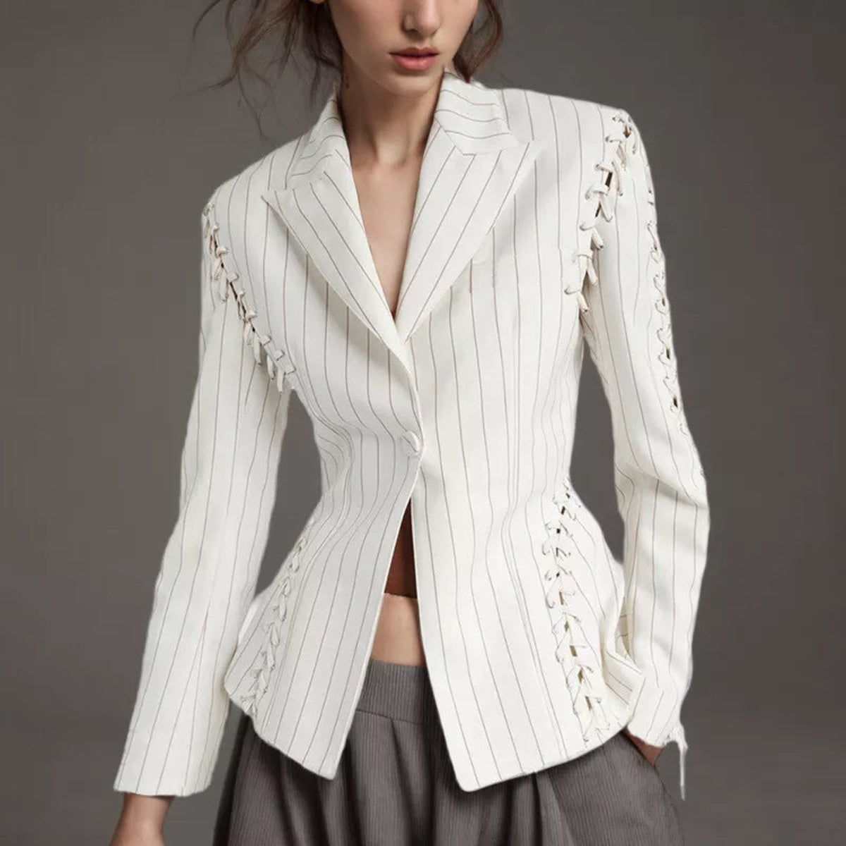 Cresilda Lace-up Striped Blazer