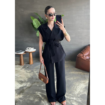 Elena Belted Vest and Wide Pants Set