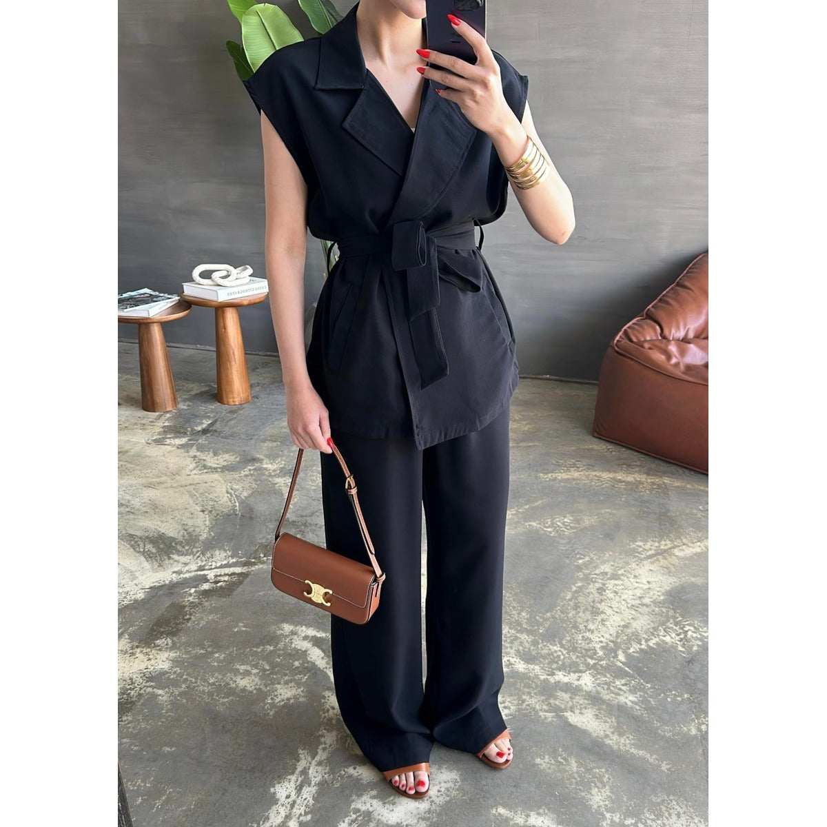 Elena Belted Vest and Wide Pants Set