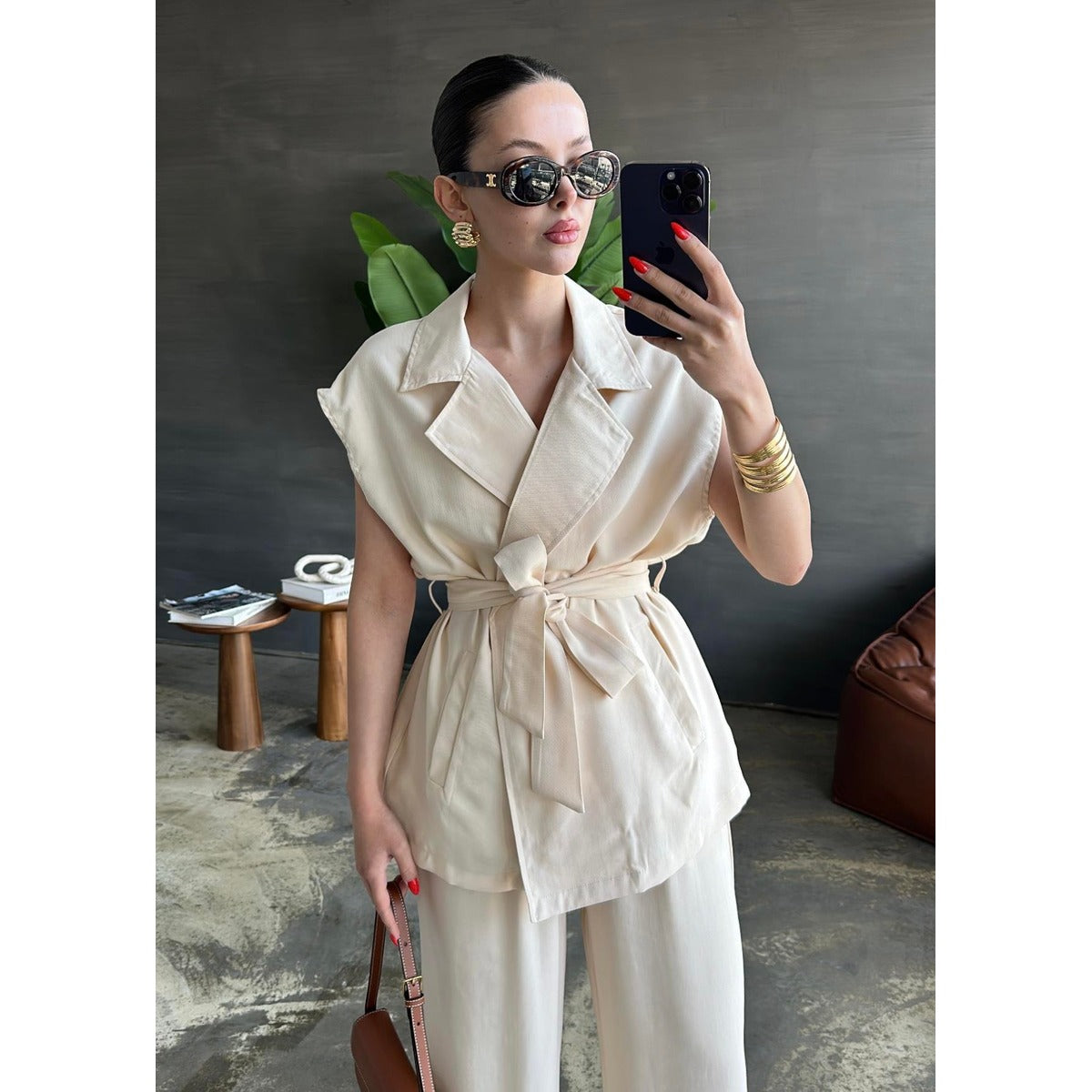 Elena Belted Vest and Wide Pants Set